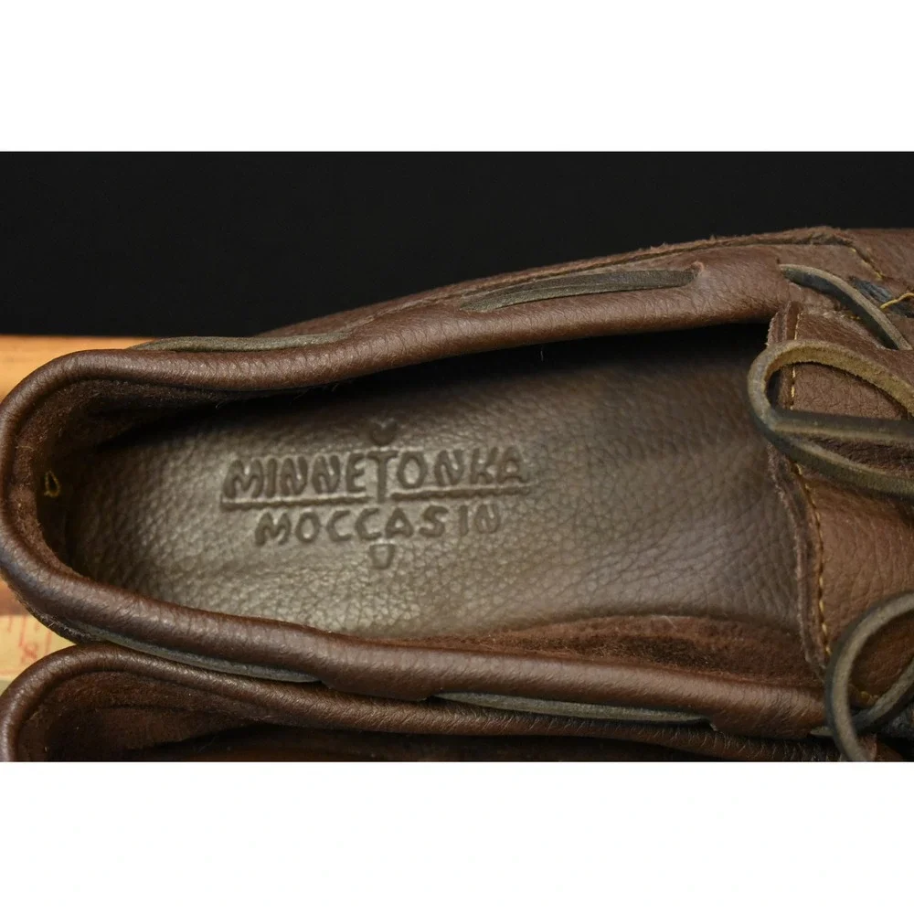 Minnetonka Moccasin Mens 13 Dark Brown Pebbled Leather Camp Mocs 702 Loafer